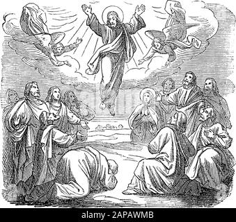 La gravure religieuse biblique ancienne ou le dessin de Jésus ressuscité est pris au ciel.Bible, Nouveau Testament,évangile de Luc 24. Biblische Geschichte , Allemagne 1859. Illustration de Vecteur