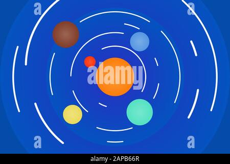 Illustration du vecteur d'univers. Maquette ou fond plat avec soleil, planètes et orbites Illustration de Vecteur