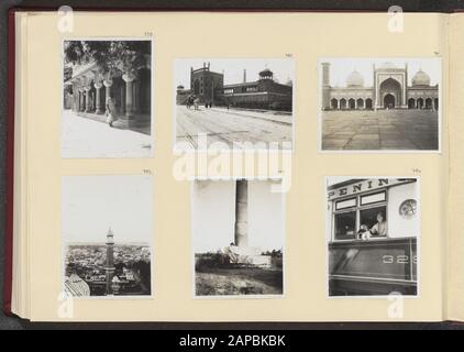 Album photo Fisherman: First Karakoru expedition, 1922 Description: Album sheet with six photos. En haut à gauche : mausolée du Saint Nizam-ud-DIN Christhi Dargah musulman Sufi ; en haut au milieu : la Mosquée jama Mashid à Delhi ; en haut à droite : l'intérieur de la Mosquée jama Mashid à Delhi ; en bas à gauche : vue sur Delhi depuis le minaret de la Mosquée jama Mashid ; en bas au milieu : Jenny visser-Hooft à la colonne Ashoka à Delhi; En Bas à droite: Jenny visser-Hooft avec Tshi Tsering dans la fenêtre du train Date: 16 novembre 1922 lieu: Delhi, Inde mots clés: Tombes, chiens, mosquées, trains, colonnes Personal Nam Banque D'Images