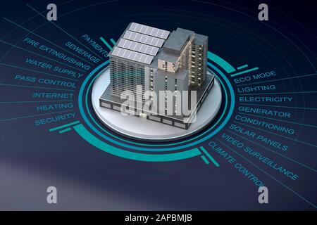 Smart chambre moderne avec l'infographie. Le rendu 3D Banque D'Images