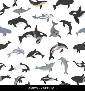 Dauphins sans couture. Collection de mammifères marins. Motif plat de style dessin animé. Illustration vectorielle Illustration de Vecteur