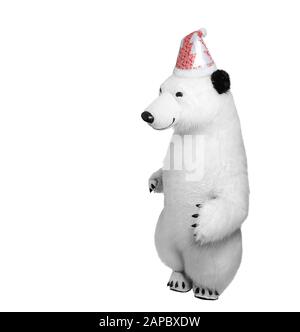 Polar bear Toy doll dans un bonnet rouge sur un fond blanc. Banque D'Images