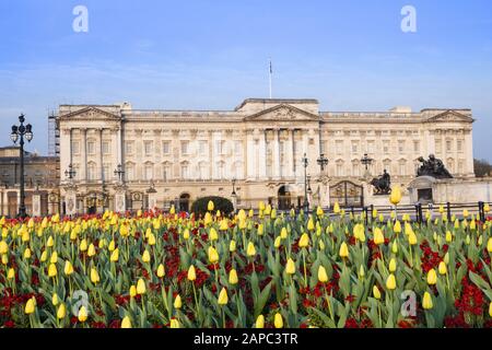 La façade du palais de Buckingham, résidence officielle de la reine d'Angleterre, Westminster, Londres Banque D'Images