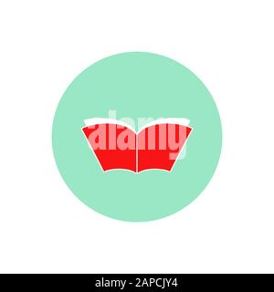 Livre largement ouvert avec des pages blanches comme les ailes et la couverture rouge dans le cercle turquoise. Icône d'étude et de connaissance plate isolée sur blanc. Illustration vectorielle Illustration de Vecteur