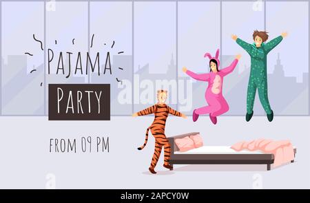Modèle vectoriel de bannière plate pour pajama Party. Sleepover, invitation pour un séjour d'une nuit, motif affiche publicitaire pour les fêtes de poule. Joyeux amies dans l'illustration de pyjama drôle avec typographie Illustration de Vecteur