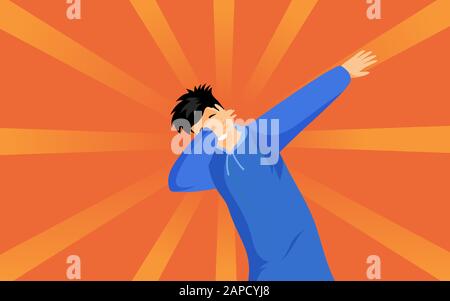 Illustration vectorielle plate de type hipster. Jeune homme dans un sweat à capuche bleu montrant le personnage branché de bande dessinée de signe dab. Un adolescent moderne debout dans la danse dub pose isolée sur fond orange Illustration de Vecteur