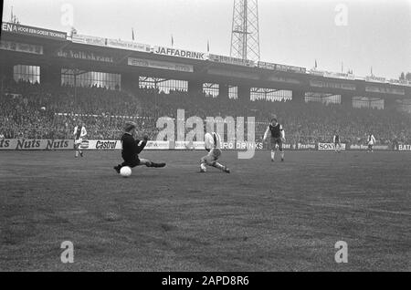 AJAX contre Haarlem 5-0, Neeskens passe le gardien de but Lelieveld et obtient 5-0 Date: 7 octobre 1973 lieu: Amsterdam mots clés: Sport, football Nom personnel: Neeskens, Johan Banque D'Images