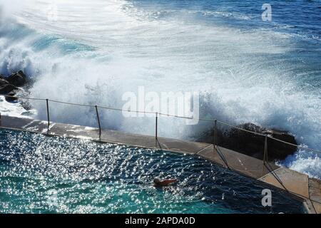 Faites des longueurs à Bronte Ocean Pool dans Morning Light avec des vagues qui s'écrasent sur les rochers Banque D'Images