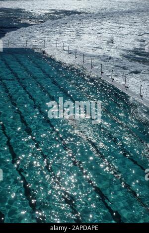 Deux nageurs au célèbre bassin de Bondi Icebergs, dans un océan scintillant et lumière du matin Banque D'Images