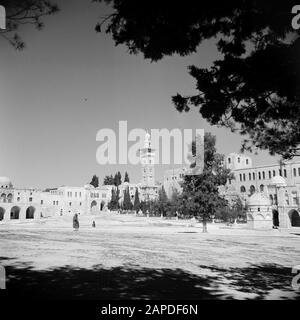 Moyen-Orient 1950-1955 : Jérusalem Description: Al Haram Esh-Sharif - Mont Du Temple. Bâtiments environnants avec un minaret à gauche et à droite un des petits sanctuaires Annotation: Au moment de l'enregistrement cet endroit était en Jordanie Date: 1950 lieu: Palestine, Jérusalem, Jordanie mots clés: Architecture, arbres, sanctuaires, Islam, dômes, minarets, mosquées, carrés Banque D'Images