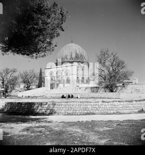 Moyen-Orient 1950-1955 : Jérusalem Description: Al Haram Esh-Sharif - Mont Du Temple. Rock Dome ou Qubbet es-Sakhra avec porte donnant accès à la place sur laquelle le sanctuaire est construit Annotation: Au moment de l'enregistrement cet endroit était en Jordanie Date: 1950 lieu: Palestine, Jérusalem, Jordanie mots clés: Architecture, arbres, sanctuaires, Islam, dômes, squarees, ports Banque D'Images