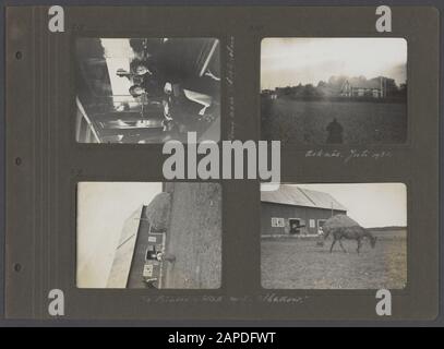 Album photo Fisherman: Suède, Finlande, Alpes, 1919-1922 Description: Album avec quatre photos. En haut à gauche : Jennie visser-Hooft est assise à côté d'une femme inconnue sur un banc sur le bateau de la Finlande à Stockholm. En haut à droite: Vue sur la pelouse avec une maison à Asknäs en arrière-plan. En bas à gauche : la princesse Von Wied avec son cheval Shadow. En bas à droite: Variante sur la photo précédente Date: 1 juillet 1921 lieu: Asknäs, Suède mots clés: Chevaux, princesses, navires, bancs Banque D'Images