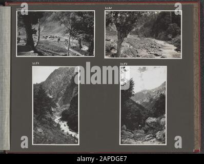 Album photo Fisherman: Four Karakorum Expedition, 1935 Description: Album sheet with four photos. En haut à gauche : vue sur un village dans une vallée de montagne. En haut à droite : rivière Mountain. En bas à gauche : rivière Mountain. En bas à droite: Paysage de montagne Date: 1 janvier 1935 lieu: Himalaya, Inde, Ladakh mots clés: Montagnes, rivières Banque D'Images