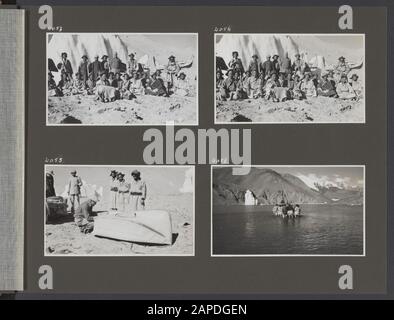 Album photo Fisherman: Four Karakorum Expedition, 1935 Description: Album sheet with four photos. En haut à gauche: Photo de groupe avec Philips Fisherman et les transporteurs dans la vallée du Shaksgam. Wyss est en train de réparer le bateau de Mason, certains transporteurs regardent. En bas à droite : le bateau de Mason est doucement lancé dans le lac naturel créé par l'atténuation de la vallée du Shaksgam à travers le glacier de Kyagar. Annotation : le bateau pliant a été laissé par Sven Hedin à Leh et pris par Kenneth Mason à ici et à gauche à la fin de son expédition de Shaksgam en 1926. Date : 1er Janvier 1935 Lieu : Chine, Karakorum, Pakistan, Shaksga Banque D'Images