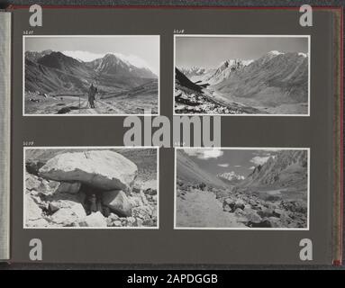 Album photo Fisherman: Four Karakorum Expedition, 1935 Description: Album sheet with four photos. En haut à gauche : Jenny visser-Hooft à cheval. En haut à droite : massif de montagne. En bas à gauche : grotte, formée d'énormes rochers. En bas à droite: Paysage de montagne Date: 1 janvier 1935 lieu: Inde, Karakorum, Pakistan mots clés: Expéditions, chevaux, rochers Banque D'Images