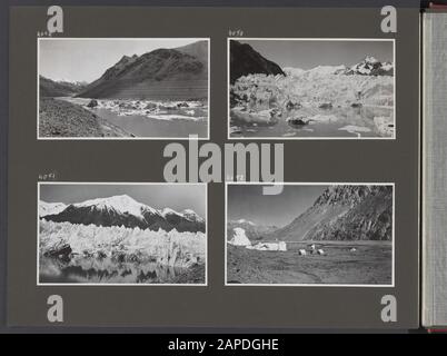 Album photo Fisherman: Quatrième expédition Karakorum, 1935 Description: Album avec quatre photos. En haut à gauche: Banquise flottante dans un réservoir naturel formé par le glacier de Kyagar qui a fermé le Shaksgam. En haut à droite: La langue du glacier de Kyagar- glacier dans la vallée de Shaksgam. En bas à gauche : la langue du glacier de Kyagar dans la vallée du Shaksgam. En bas à droite: Camp et tours de glace dans la vallée de Shaksgam. Annotation: Sur la photo en haut à gauche, le mur de montagne montre des traces claires des différents niveaux du lac qui était ici. Ce lac a été créé à la suite de la fermeture Banque D'Images