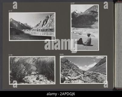 Album photo Fisherman: Four Karakorum Expedition, 1935 Description: Album sheet with four photos. En haut à gauche : la vallée de la rivière Shyok. En haut à droite: Un des serviteurs et le chien Jesser. En bas à gauche : arbustes dans la vallée de la rivière Shyok. En bas à droite : dans la vallée de la rivière Shyok Date : 1 janvier 1935 lieu : Inde, Karakorum, Pakistan, Shyok mots clés : rivières Banque D'Images