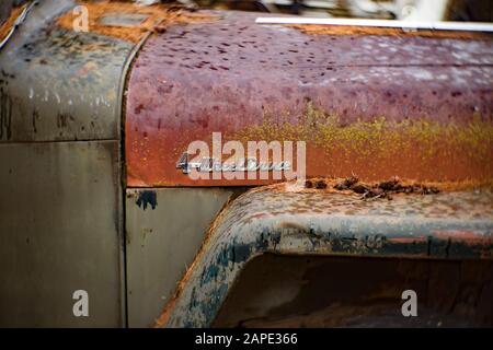 Le logo « 4 roues motrices » sur le côté du capot sur un camion de jeep Willys de 1948, dans une zone boisée près de Noxon, Montana. Cette image a été prise avec un antiq Banque D'Images