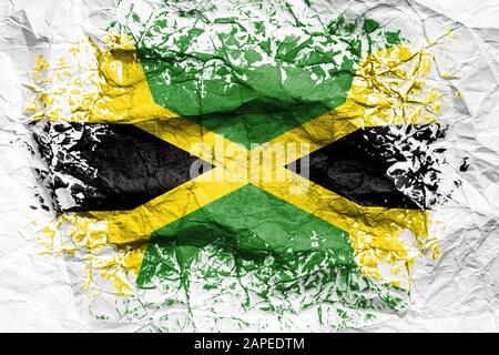 Le drapeau national de la Jamaïque est peint sur du papier froissé. Drapeau imprimé sur la feuille. Image drapeau pour la conception sur des dépliants, la publicité. Banque D'Images