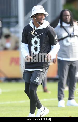 Kississimee, Floride, États-Unis. 22 janvier 2020. Baltimore Ravens quarterback Lamar Jackson(8) s'amuser pendant la pratique de l'AFC, mercredi 22 janvier 2020, à Kissimmee, Floride (photo de IOS/ESPA-Images) crédit: European Sports Photographic Agency/Alay Live News Banque D'Images