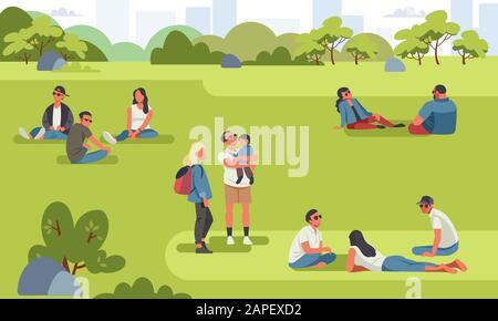 Diverses personnes minuscules dans le parc exécutant des activités de plein air de loisirs. Illustration vectorielle colorée de dessin animé Illustration de Vecteur