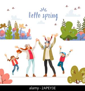 Grande famille dans la nature. Bonjour printemps. Concept moderne et plat pour le web design. L'illustration vectorielle peut être utilisée pour la page d'accueil, le modèle, le Web, l'application mobile Illustration de Vecteur