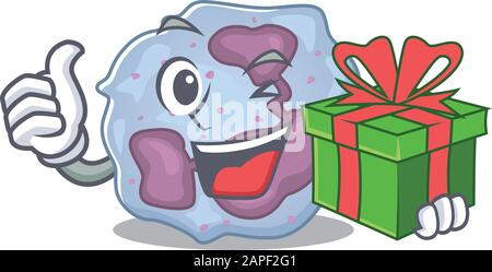 Caractère de cellule de leucocyte smiley avec boîte cadeau Illustration de Vecteur