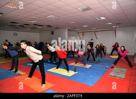 Damas, Syrie. 13 janvier 2020. Les gens pratiquent le yoga dans un club sportif local à Damas, en Syrie, le 13 janvier 2020. Le stress et la dépression sont des maladies modernes en Syrie en raison de la guerre de longue date, qui pousse les Syriens à rechercher des alternatives pour libérer le stress sans les effets secondaires des pilules. ALLER AVEC "Feature: Syriens traumatisés par la guerre se tourner vers le yoga pour le stress de la santé" crédit: Ammar Safarjalani/Xinhua/Alay Live News Banque D'Images