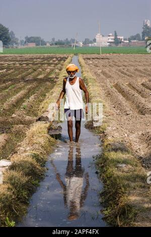 Réparation du canal d'irrigation agricole, champs agroculturels du Pendjab, près d'Amritsar, inde, Asie du Sud, Asie Banque D'Images