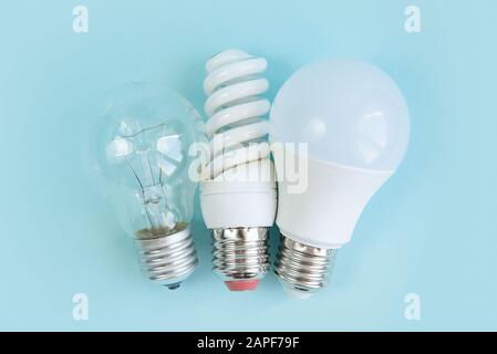 Tungstène, Fluorescent et ampoule LED sur fond bleu. Révolution de trois génération ampoule. Évolution de l'économiseur d'énergie. Vue supérieure mise à plat Banque D'Images