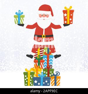 Concept de Noël avec le Père Noël assis et tenant quelques cadeaux de couleur, avec fond bleu neige automne pour les voeux de noël Illustration de Vecteur