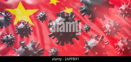 Cellules du coronavirus chinois, infection du virus de la grippe pandémique épidémique, concept de grippe asiatique, antécédents du drapeau chinois. illustration tridimensionnelle Banque D'Images