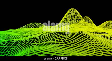 Technologie de données abstrait vert futuriste et jaune basse forme poly brillant de la surface de maille de fil sur fond sombre. Rendu 3D du rendu des illustrations Banque D'Images