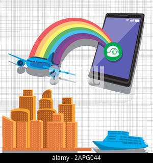Icônes de la ville de transport de l'avion du smartphone sur un arrière-plan isolé. Image vectorielle Illustration de Vecteur
