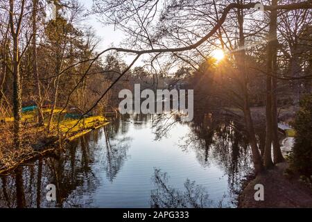 Vue d'hiver sur le lac de Schlachtensee à Berlin, Allemagne. Schlachtensee est un lac situé au sud-ouest de Berlin, dans le quartier de Steglitz-Zehlendorf, à la limite Banque D'Images