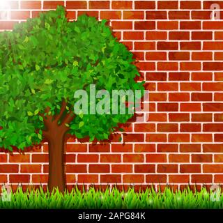 Fond d'été avec arbre vert, herbe et mur de brique vecteur Illustration de Vecteur