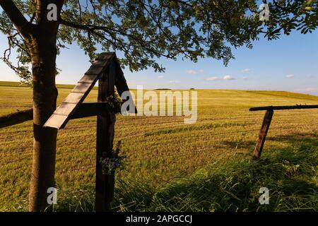 Clôture en bois sur un terrain sec et herbacé sous un ciel bleu à Eifel, en Allemagne Banque D'Images