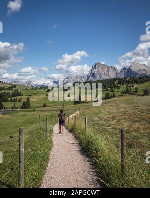 Plan vertical d'une personne marchant sur un chemin de terre Avec la montagne Plattkofel en arrière-plan Banque D'Images