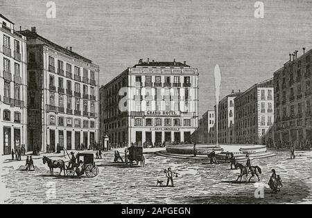 Espagne, Madrid. Puerta del sol (porte du Soleil). Gravure, XIXe siècle. Cronica général de España, Historia Ilustrada y Descriptiva de sus Provincias. Castilla-La Nueva, 1869. Banque D'Images