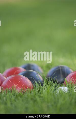 Image verticale de boules de bocce colorées sur la pelouse sous la lumière du soleil avec un arrière-plan flou Banque D'Images