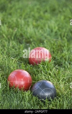 Image verticale de boules de bocce colorées sur la pelouse sous la lumière du soleil avec un arrière-plan flou Banque D'Images