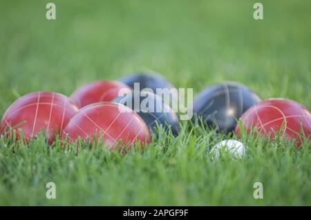 Photo de boules de bocce colorées sur la pelouse sous le lumière du soleil avec un arrière-plan flou Banque D'Images