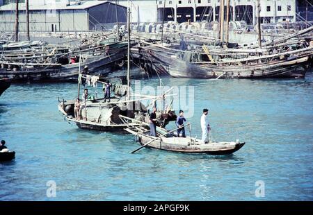 Boote, Sampans und Dschunken in einem kleinen Hafen eines Vorortes von Hongkong, Juli 1968. Bateaux, sampans et junks dans un petit port dans une banlieue de Hong Kong, juillet 1968. Banque D'Images