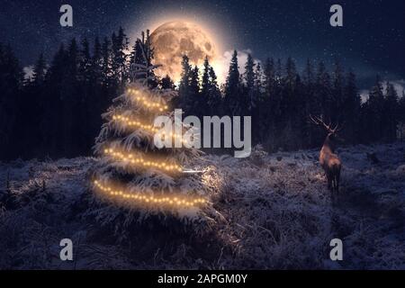 Grand cerf puissant avec lune lors d'un hiver froid de Noël nuit Banque D'Images