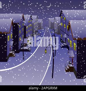 Nuit d'hiver, neige tombeuse, lune de croissant et petite ville de noël Illustration de Vecteur