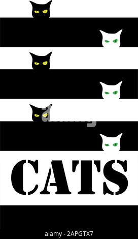 Six chats noirs et blancs contrastés avec des visages en colère, texte « chats » Illustration de Vecteur