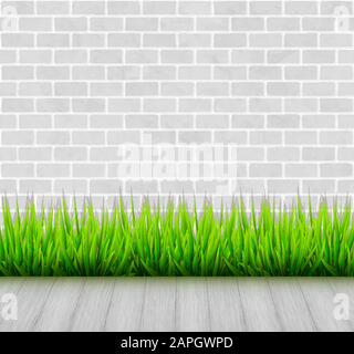 Mur de briques avec herbe verte et fond vectoriel de plancher en bois Illustration de Vecteur