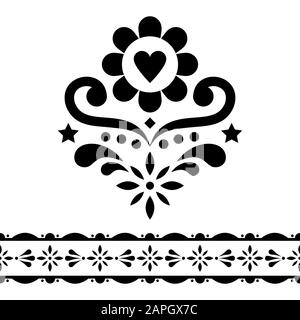 Ensemble de motifs vectoriels d'art folklorique scandinave - collection à motifs uniques, joli ornement fleuri avec fleurs en noir sur fond blanc Illustration de Vecteur