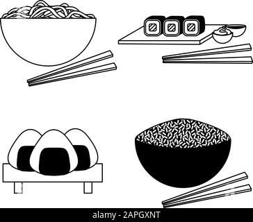 Illustrations en noir et blanc de la cuisine japonaise avec plats et baguettes Illustration de Vecteur