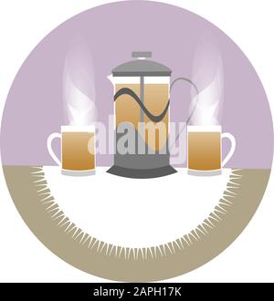 Deux tasses de thé chaud en verre et la théière à la presse française sur la table Illustration de Vecteur